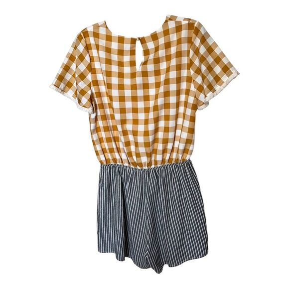 THML Mustard/White Checkered Short Sleeve Romper Gray Stripe Bottom Size Small - Picture 3 of 12